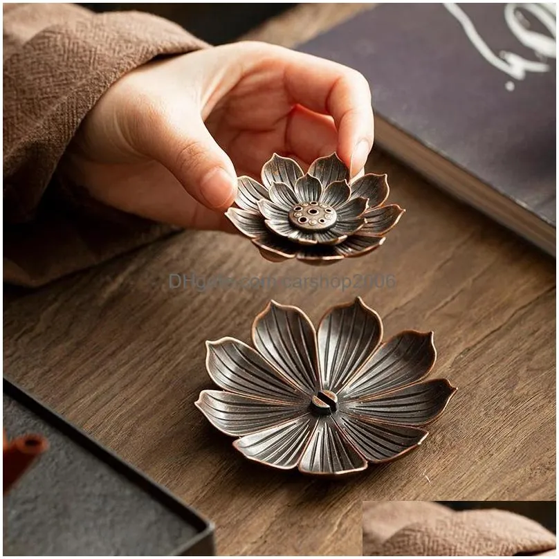 2 in 1 creative incense stick holder home decoration alloy lotus line incenses burner metal crafts sandalwood coil base red bronze