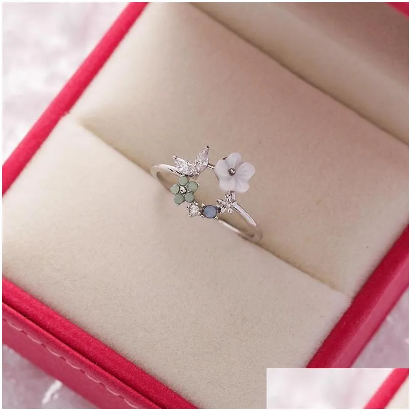 fashion crystal zircon wedding rings sweet flower leaf butterfly adjustable open ring female engagement jewelry gift 165 d3