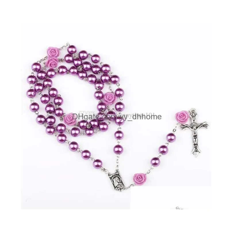 nice woman trendy purple imitation pearl rose catholicism prayer beads cross necklace goddess religion necklace jewelry