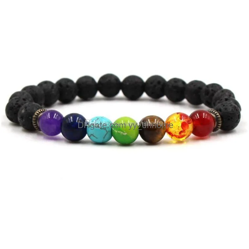 7 style rainbow chakras  oil perfume diffuser 8mm black lava stone beads bracelet rainbow balance bracelet stretch men