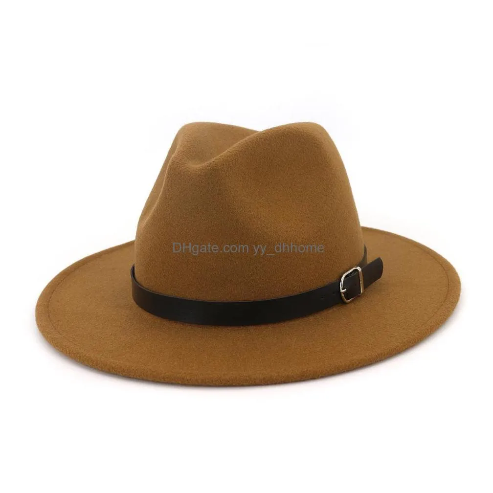 fashion plain belt buckle decor wool felt jazz fedora hats wide brim men women panama trilby cap lovers gentleman hat