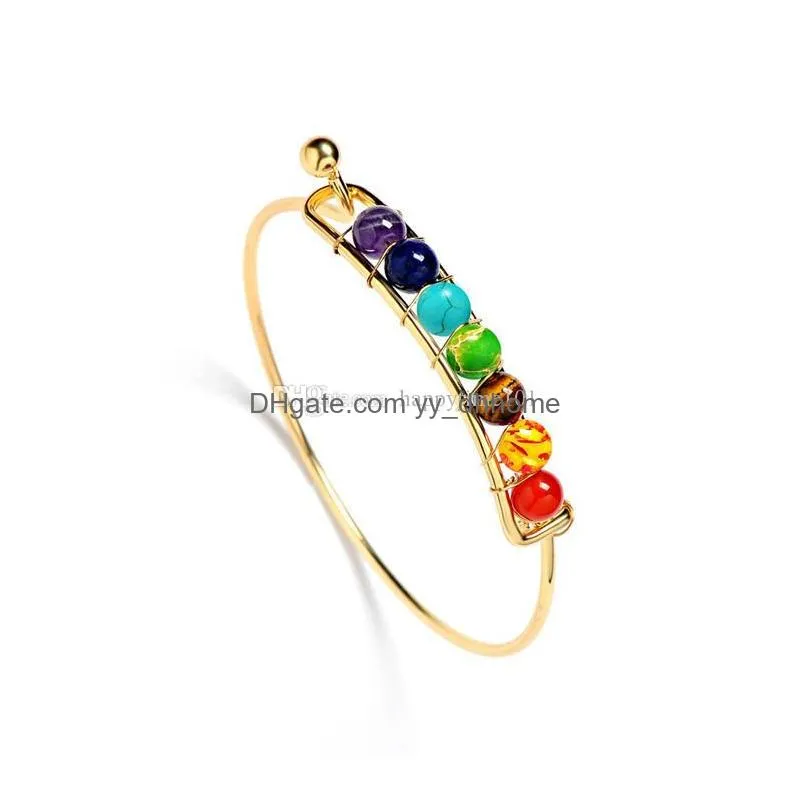  fashion natural stone open bracelets 7 reiki chakra healing balance beads bracelet gold silver plated bangle women yogo fine