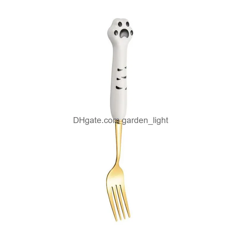 304 stainless steel cute cat claw ceramic spoon fork cutlery portable reusable kitchen utensils inventory wholesale
