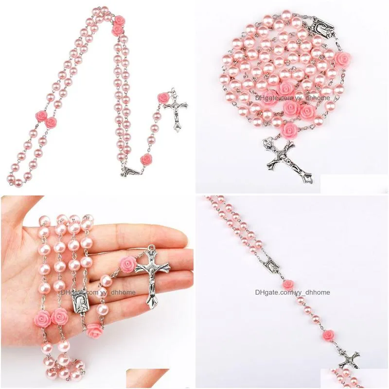pink polymer clay bead rosary pendant necklace alloy cross virgin mary centrepieces christian catholic religious jewelry