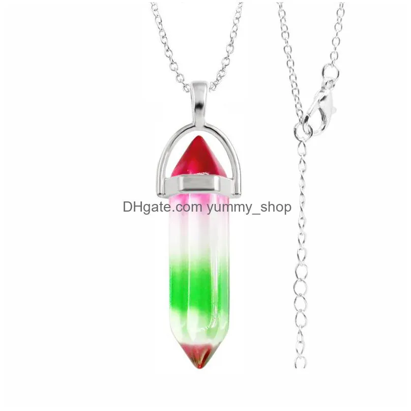 european and american fashion jewelry crystal hexagonal column pendant natural stone double pointed columns necklace quartz point pendant with wax