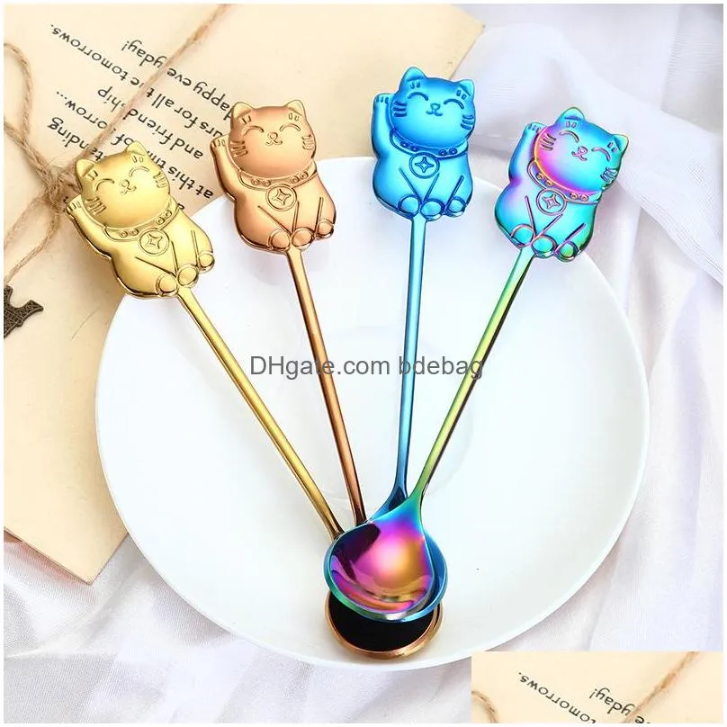 304 stainless steel dessert spoon money cat modeling ice cream spoons bar blue black coffee stir tableware 4 2xs l1