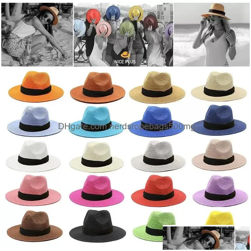 beach hat panama wide brimmed straw hats party favor pure color sunscreen cap summer sunhat travel outdoor caps inventory wholesale