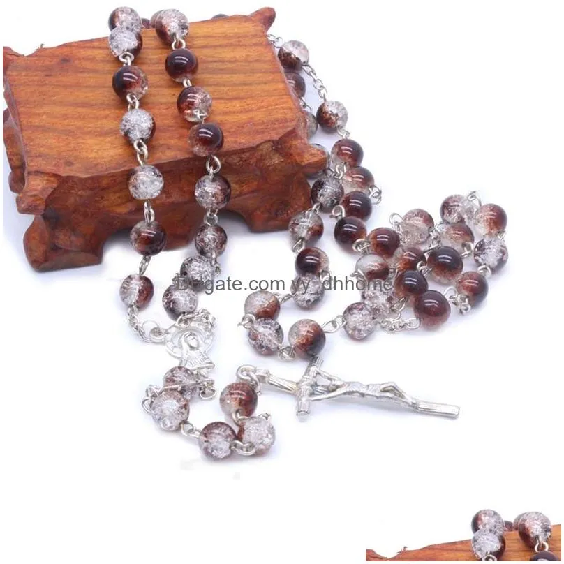 gravel glass beads rosary necklace metal cross pendant long necklace for men women religious jewelry