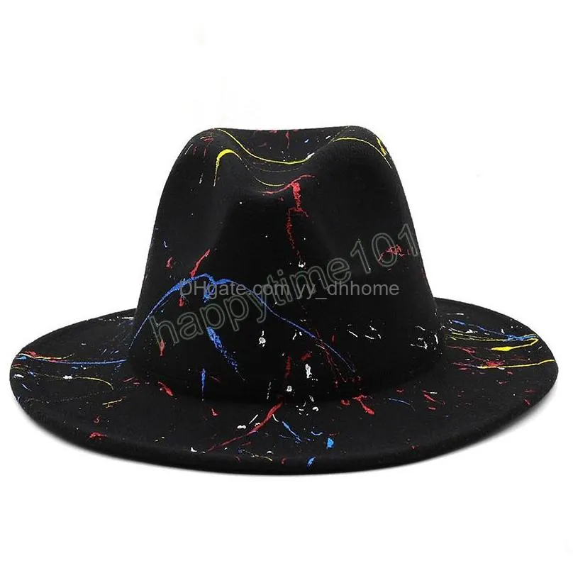 wool women men graffiti fedora hat for winter autumn elegant lady gangster trilby felt homburg church jazz hat