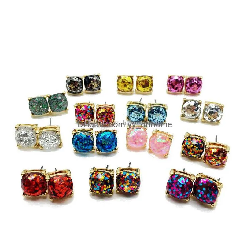 fashion glitter druzy drusy square dot earring 14 color gold plated cute small shinny rainbow opal ear stud women fine jewelry