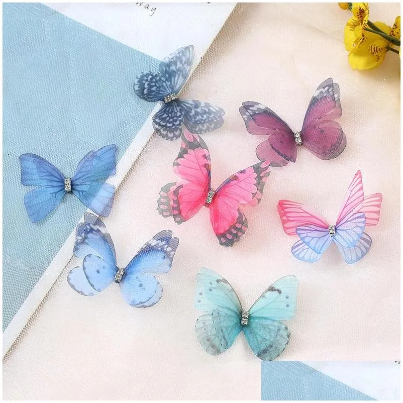 double deck three dimensional barrettes butterfly retro rhinestone gauze diy hair clips accessories women hairpin fashion headwear 0 6yd