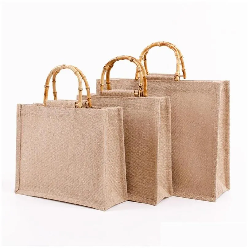 jewelry pouches bags portable burlap jute shopping bag handbag bamboo loop handles reusable tote grocery for women girls 2527 t2
