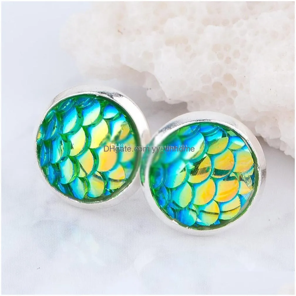 handmade druzy drusy resin beads round earrings 12mm mermaid fish scale pattern stud earrings fashion trendy women jewelry