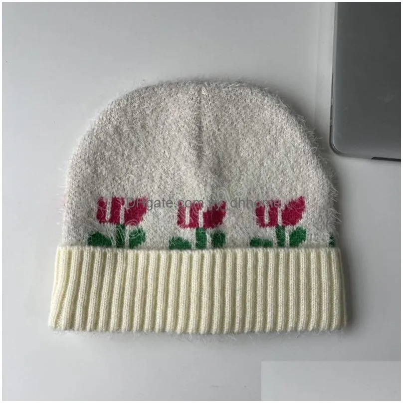 autumn and winter womens caps japanese cute flower embroidery knitted cap outdoor cashmere warm cold hats retro beanies hat