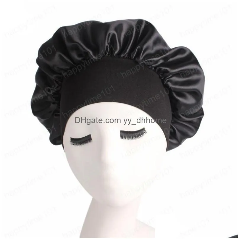 women satin bonnet cap night sleep hair protect head cover wide band adjust hats nightcap hair loss unisex fashion