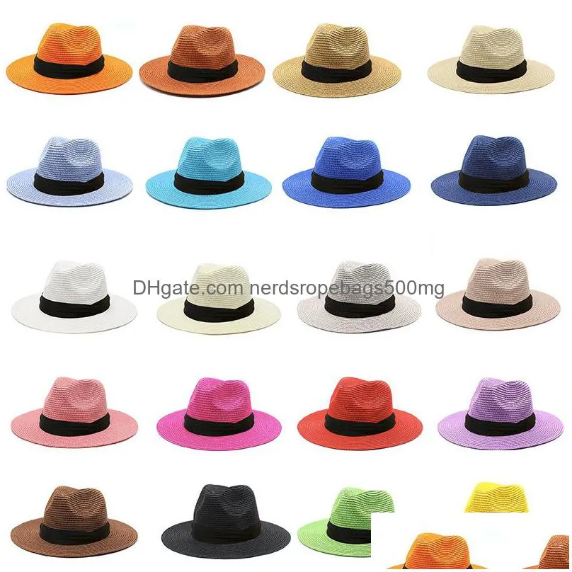 beach hat panama wide brimmed straw hats party favor pure color sunscreen cap summer sunhat travel outdoor caps inventory wholesale