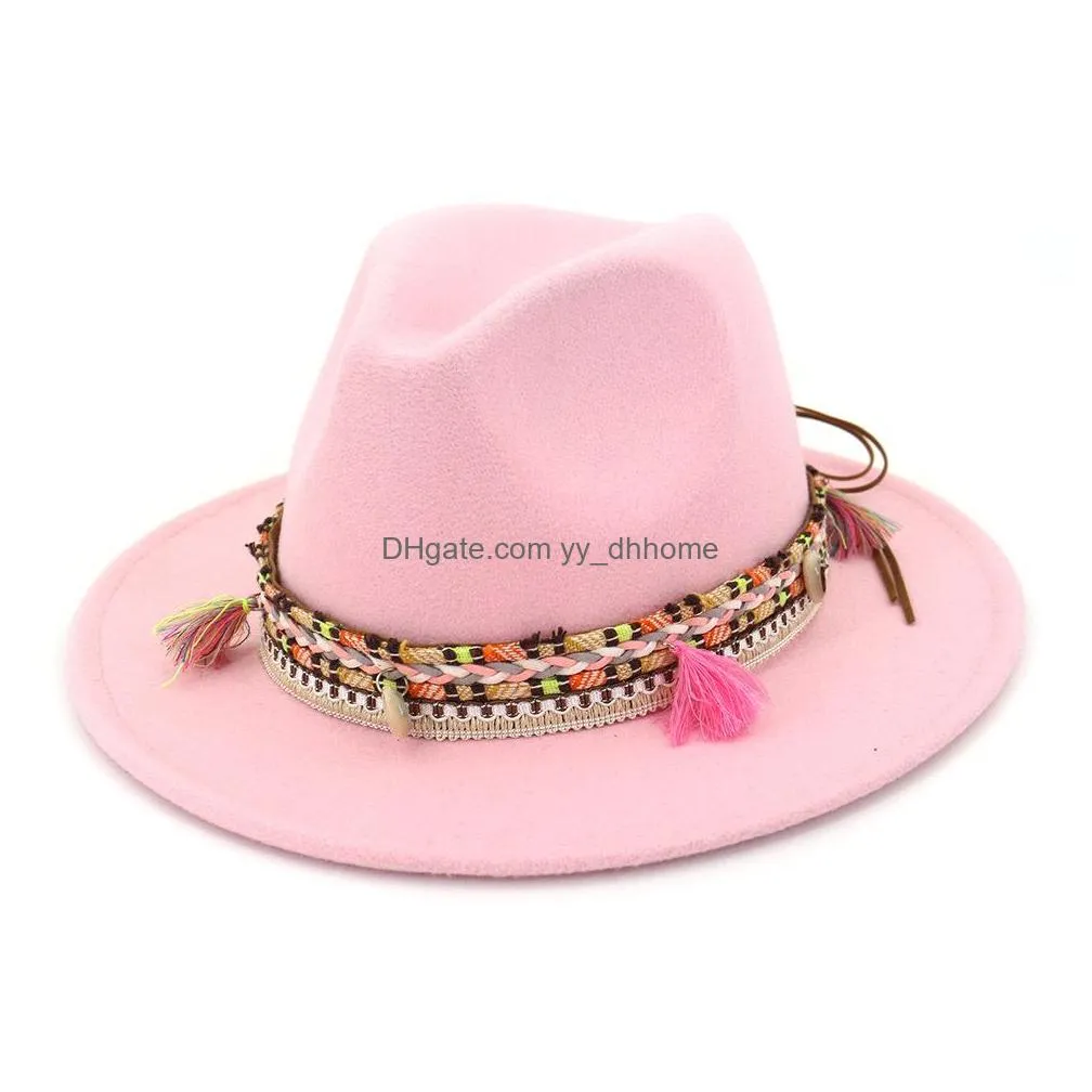 fashion unisex wide brim wool felt fedora hats with ethnic braided ribbon jazz cap retro panama style formal hat trilby