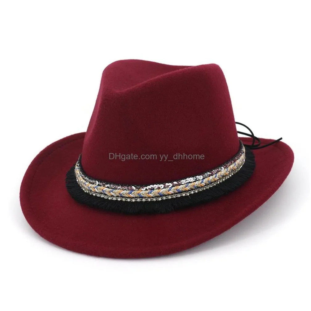 unisex men women wool felt trilby jazz fedora hats ethnic tassel ribbon decor man female lovers roll brim  hat cap