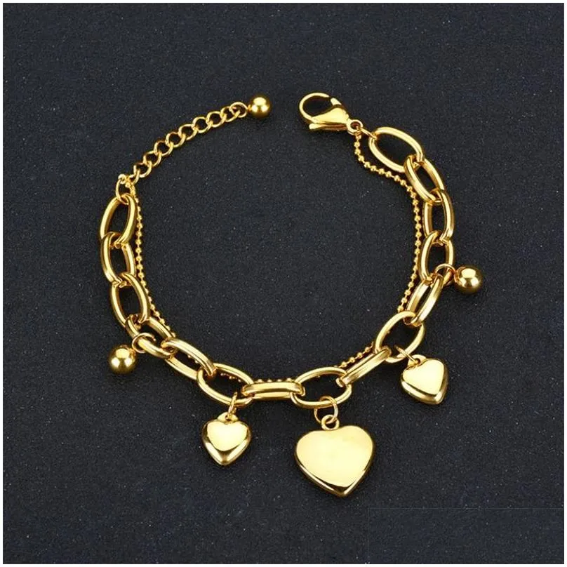 18k gold plated women layered stainless steel heart charm bracelet factory custom design c3