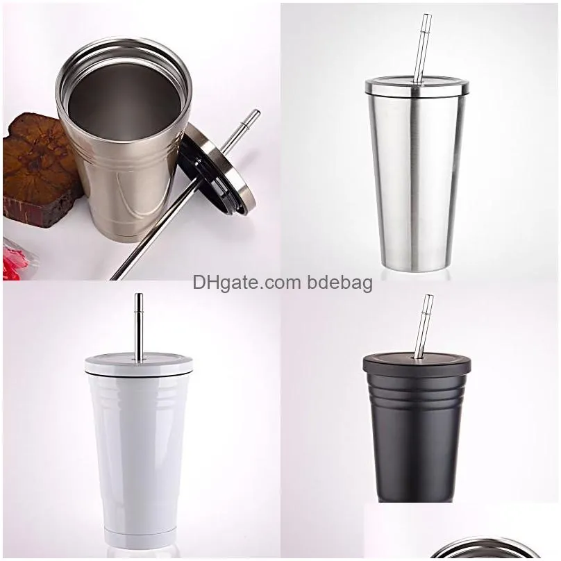 simplicity mugs double wall 450ml stainless steel portable with straw lid coffee cup woman man tumblers supplies table 17cq k2