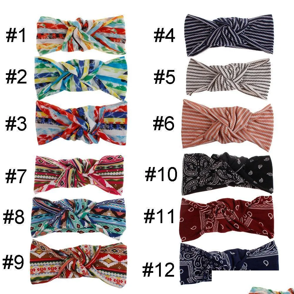 2020 bohemian fashion womens florals stripe headband elastic headband ladies vintage knot hair band 12 colors