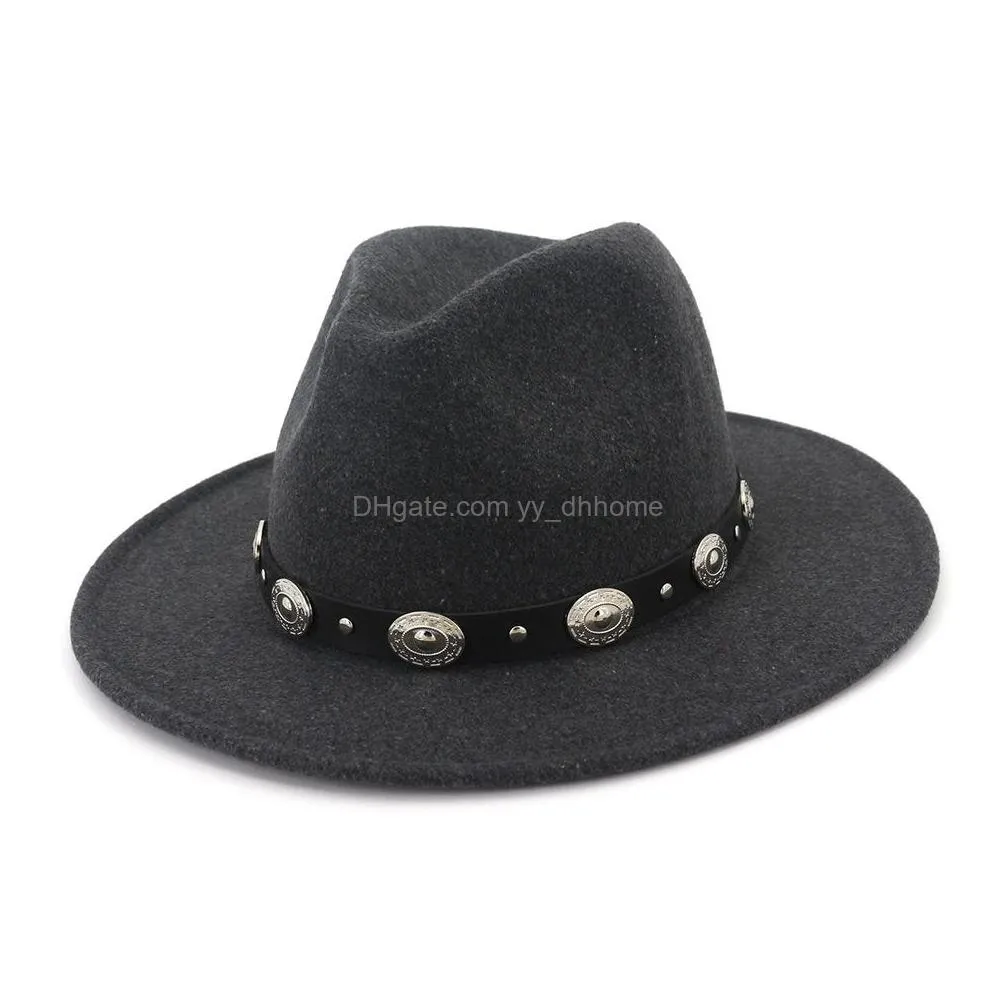 unisex wide brim wool jazz hat cap rivet belt decor panama trilby fedora hats men women lovers party carnival formal hat