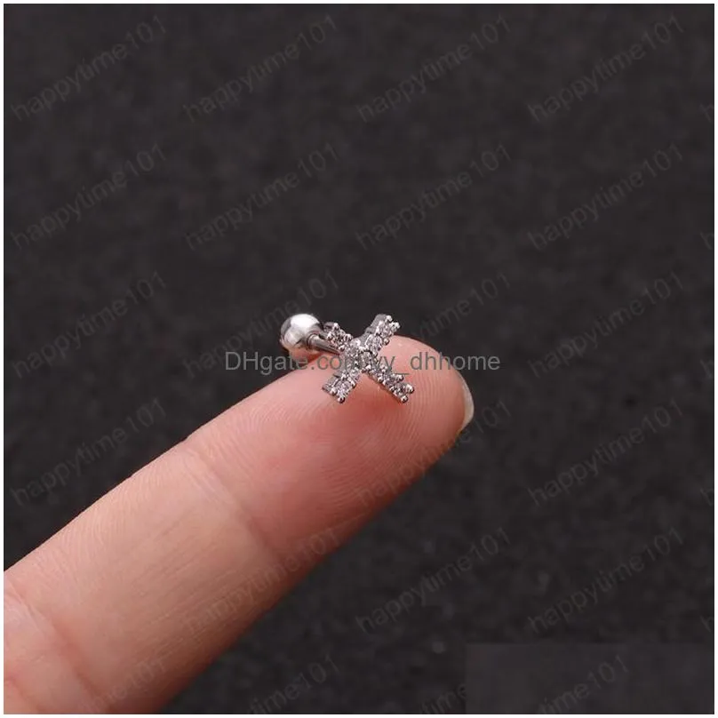 cross shape cz cartilage stud earring cubic zirconia helix tragus conch screw back ear piercing jewelry