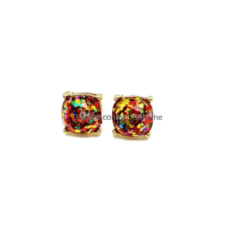 fashion glitter druzy drusy square dot earring 14 color gold plated cute small shinny rainbow opal ear stud women fine jewelry