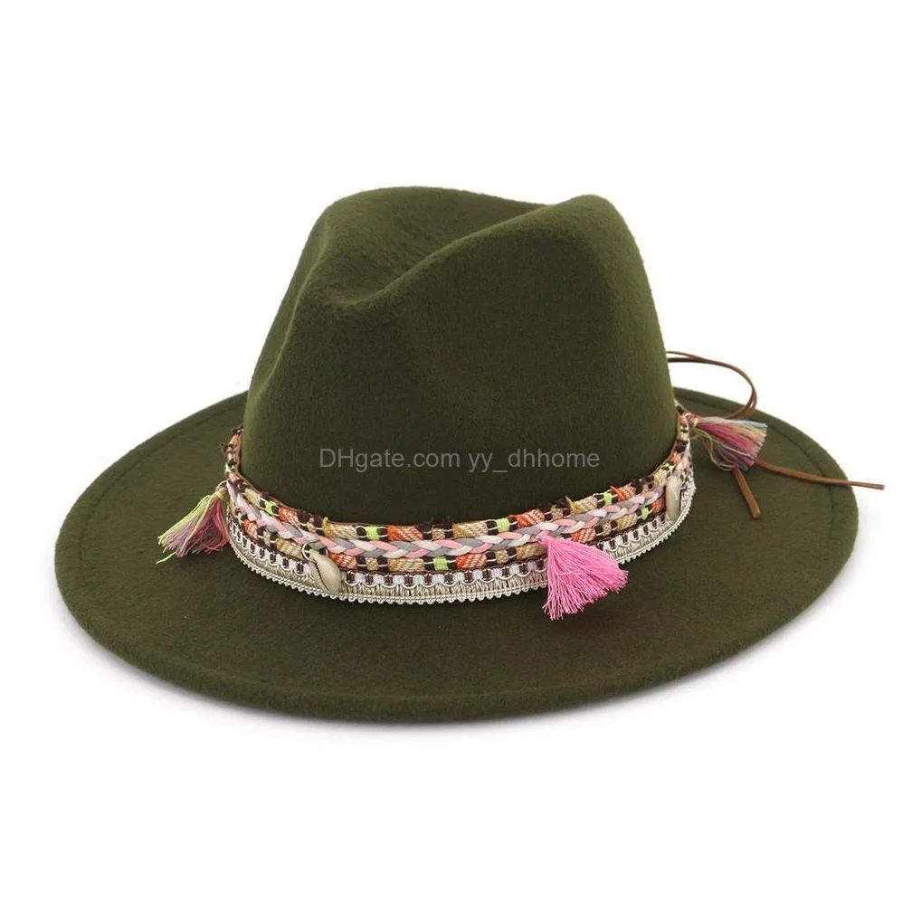 unisex wide brim wool felt fedora hats with ethnic braided ribbon jazz cap retro panama style formal hat trilby