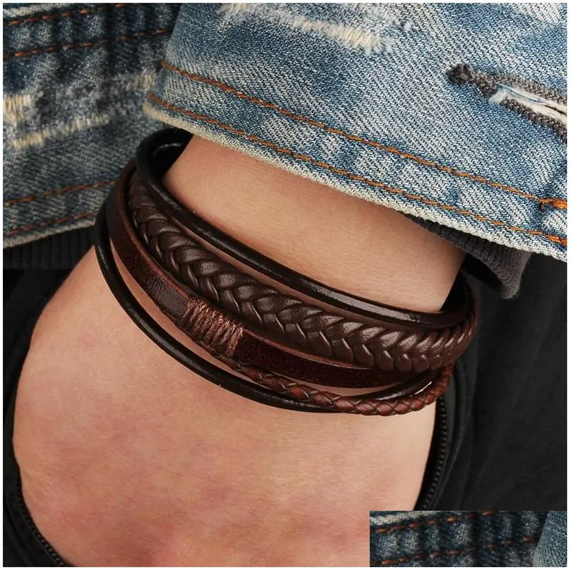 trendy genuine leather bracelets mens multilayer braided rope link chain male female bracelet retro jewelry 1212 e3