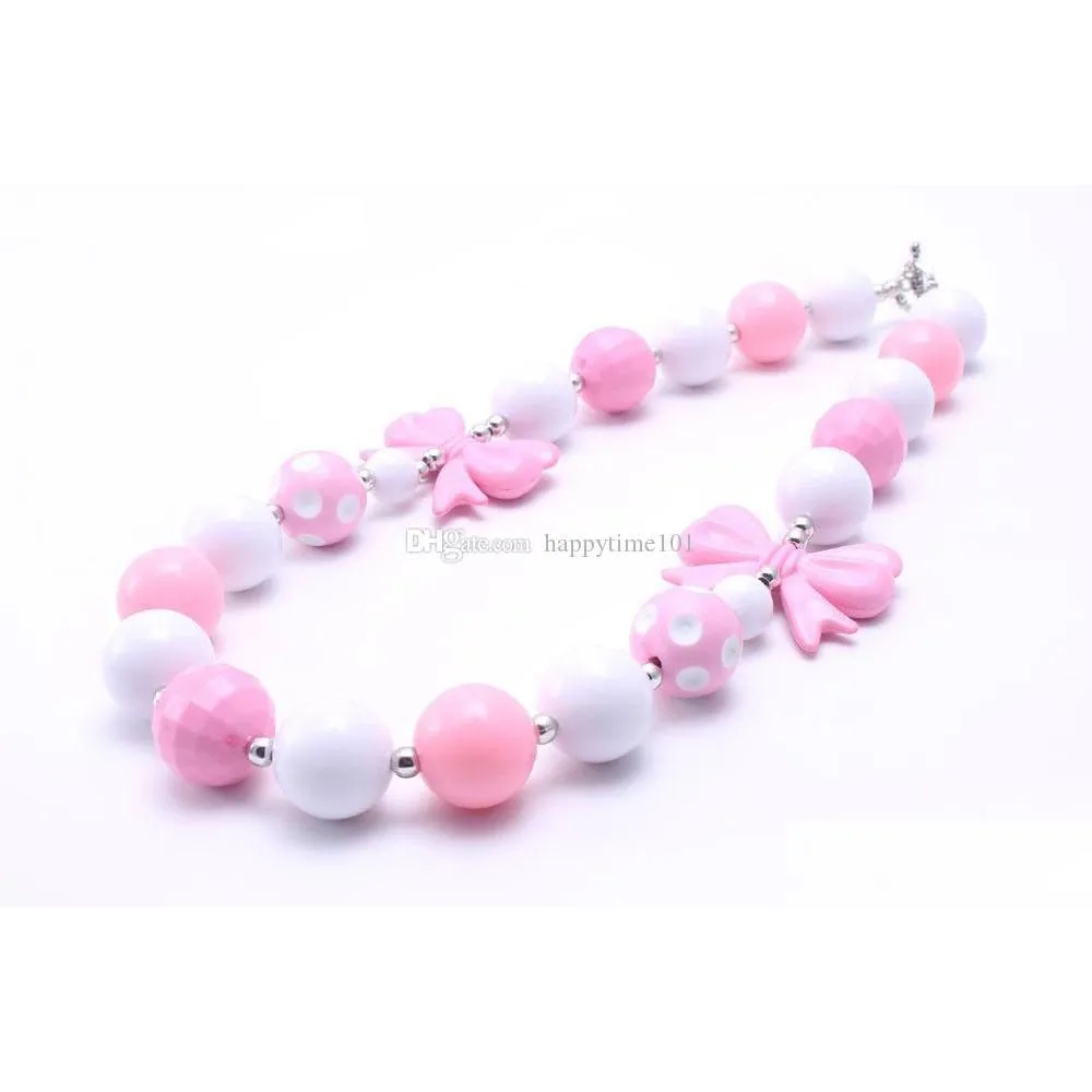 pretty bow fashion kid chunky necklace pinkaddwhite color bubblegum bead chunky necklace children jewelry for toddler girls