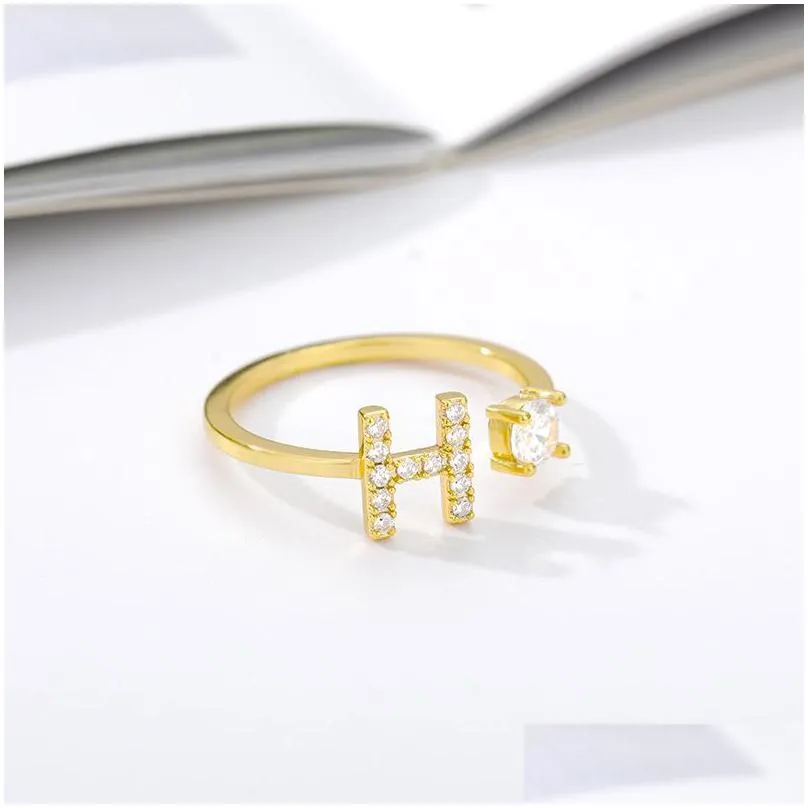 zircon initial letter wedding rings for women stainless steel gold adjustable opening ring female jewelry gift 470 d3