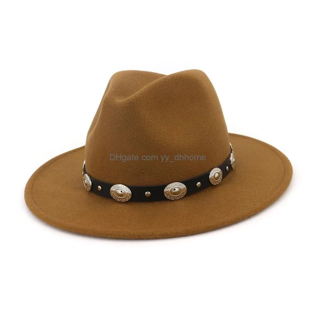 unisex wide brim wool jazz hat cap rivet belt decor panama trilby fedora hats men women lovers party carnival formal hat