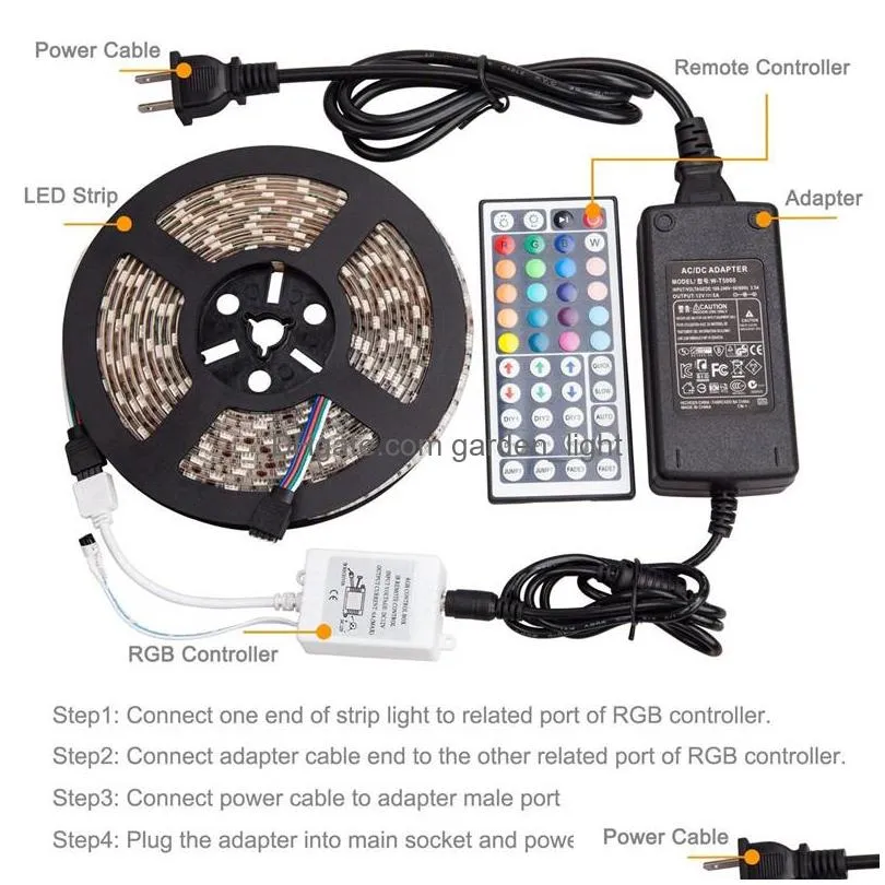 led strip light dc 12v flexible diode ribbon tape smd 5050 rgb 24key 44key full set power ip65 ip20 5m lighting