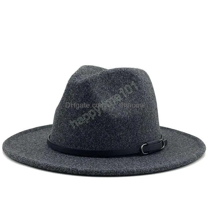 women men wool fedora hat with leather ribbon gentleman elegant ladies winter autumn wide brim jazz church panama sombrero cap