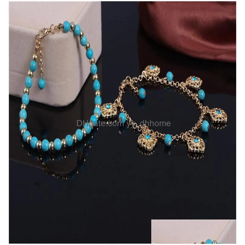 2pcs /set unique green turqoise howlite bead flower pendant gold color chain anklet souvenir ankle bracelet foot jewelry