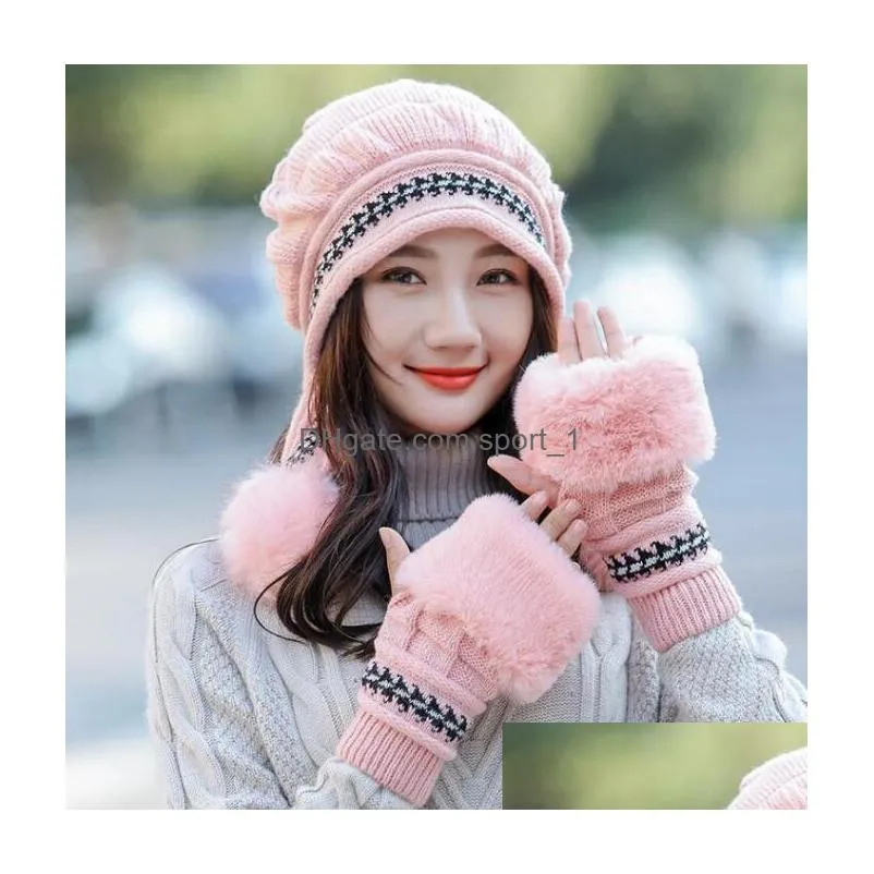 1 setis2pcs winter knit hat set skull caps gloves 2piece suit thick wool women beanie sets solid slouchy caps warm outdoor hat