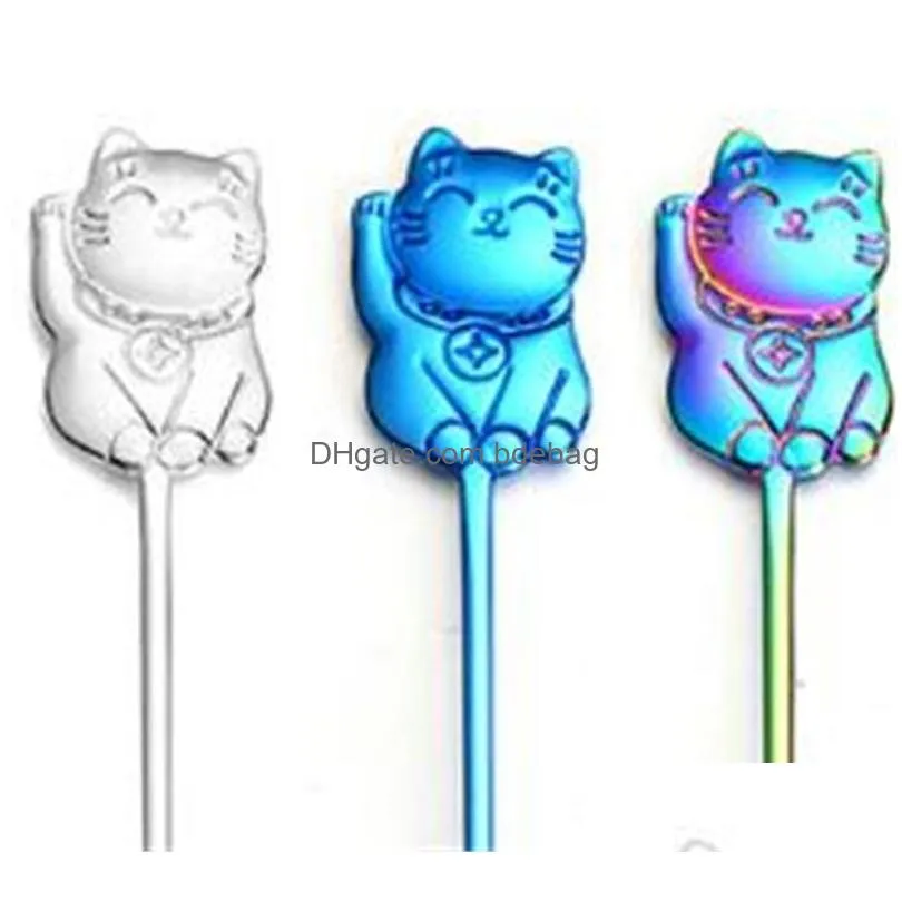 304 stainless steel dessert spoon money cat modeling ice cream spoons bar blue black coffee stir tableware 4 2xs l1