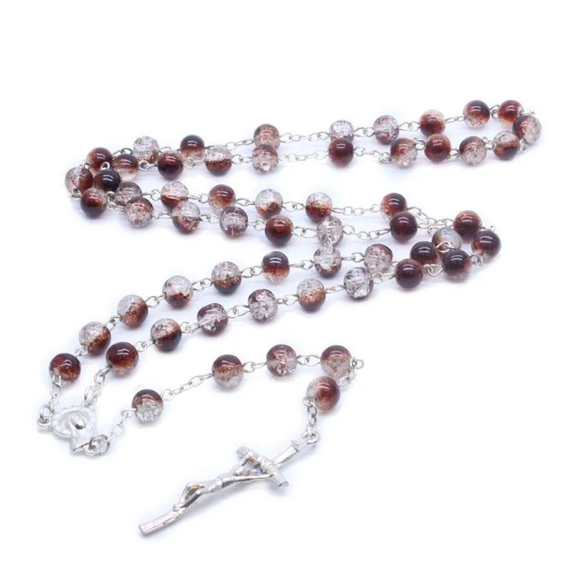 gravel glass beads rosary necklace metal cross pendant long necklace for men women religious jewelry