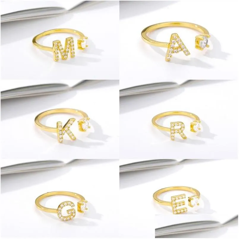 zircon initial letter wedding rings for women stainless steel gold adjustable opening ring female jewelry gift 470 d3