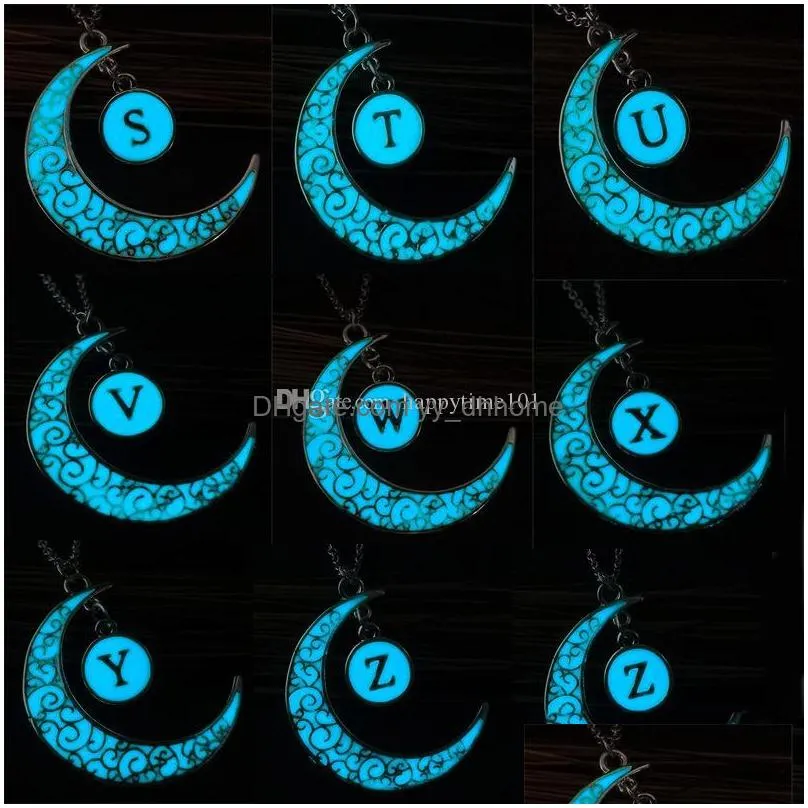 az letters luminous necklace glow in the dark openwork carving moon alphabet stone pendant necklaces for womens fashion jewelry