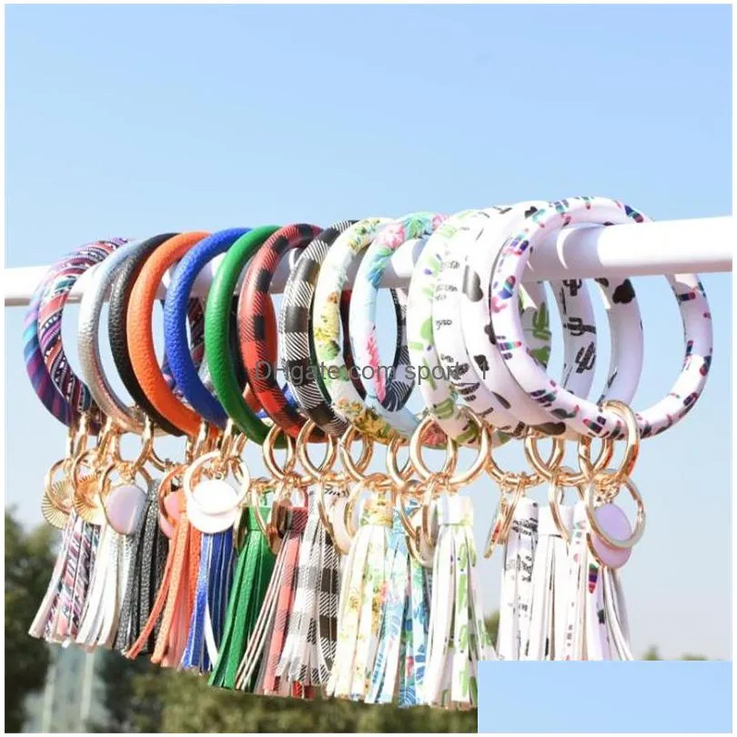 fashion multiple styles sun flower/flag pattern key chain leather wrap tassels bracelets keychain wristlet bracelet tassel keychains round bangle