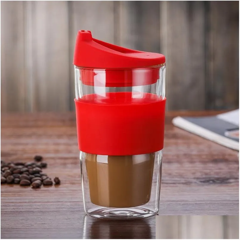 heat resisting insulated mugs double deck glass coffee cup silicone cover tumbler insulation sleeve office 24 8by e1