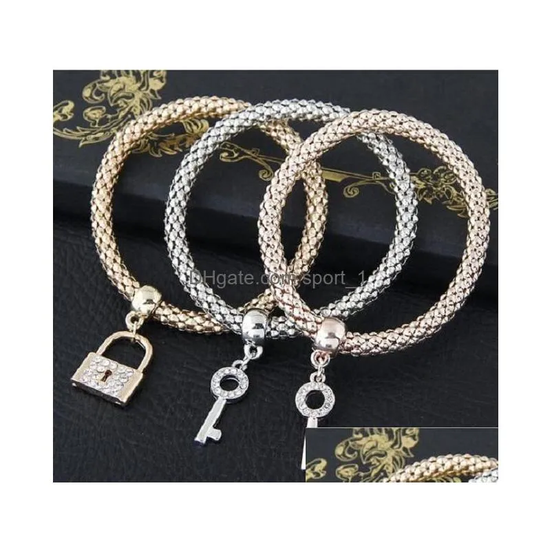 1 setis3pcs key locket bracelet fashion keys lockets pendant charm braclets bangles women layers gold color bracelets punk jewelry