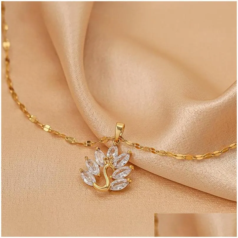 fashion pendant necklace for women plated gold titanium steel shell peacock star zircon necklaces wedding jewelry 197 d3