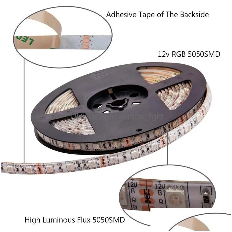 led strip light dc 12v flexible diode ribbon tape smd 5050 rgb 24key 44key full set power ip65 ip20 5m lighting