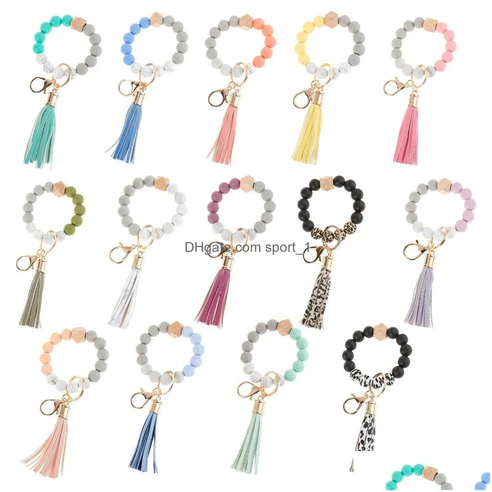 wooden tassel bead string bracelet keychain food grade silicone beads bracelets women girl key ring wrist strap