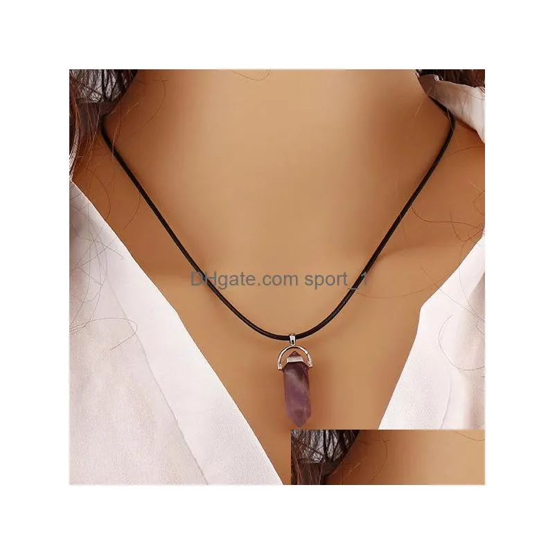 hexagonal column natural stone necklace beautiful crystal pendant with pu leather chain colorful women fine jewelry