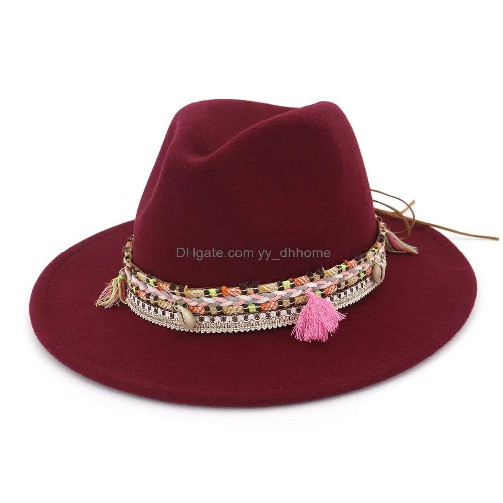 unisex wide brim wool felt fedora hats with ethnic braided ribbon jazz cap retro panama style formal hat trilby
