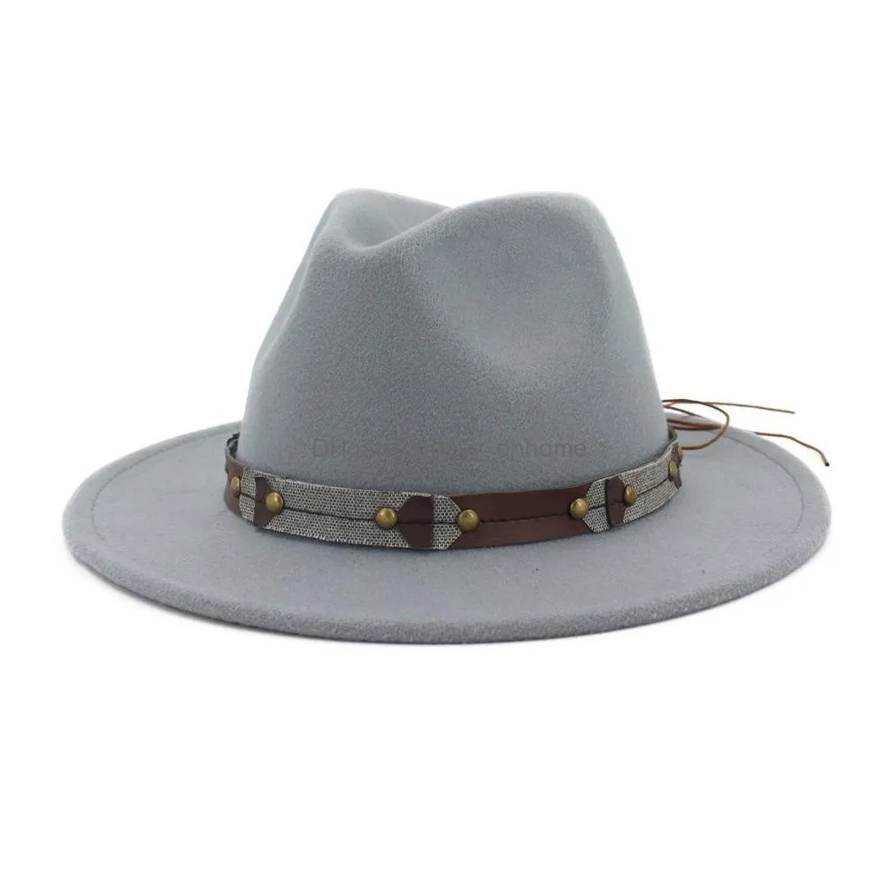 vintage classic wide brim wool felt fedora men woman panama hat leisure jazz formal hat chapeau trilby leather decorated